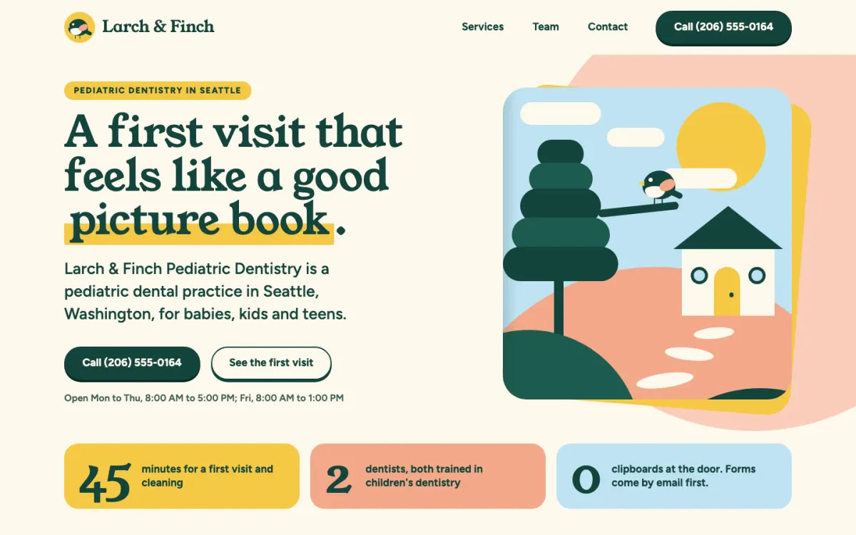 Screenshot of the concept website for Larch & Finch Pediatric Dentistry, a fictional children’s dental practice in Seattle.