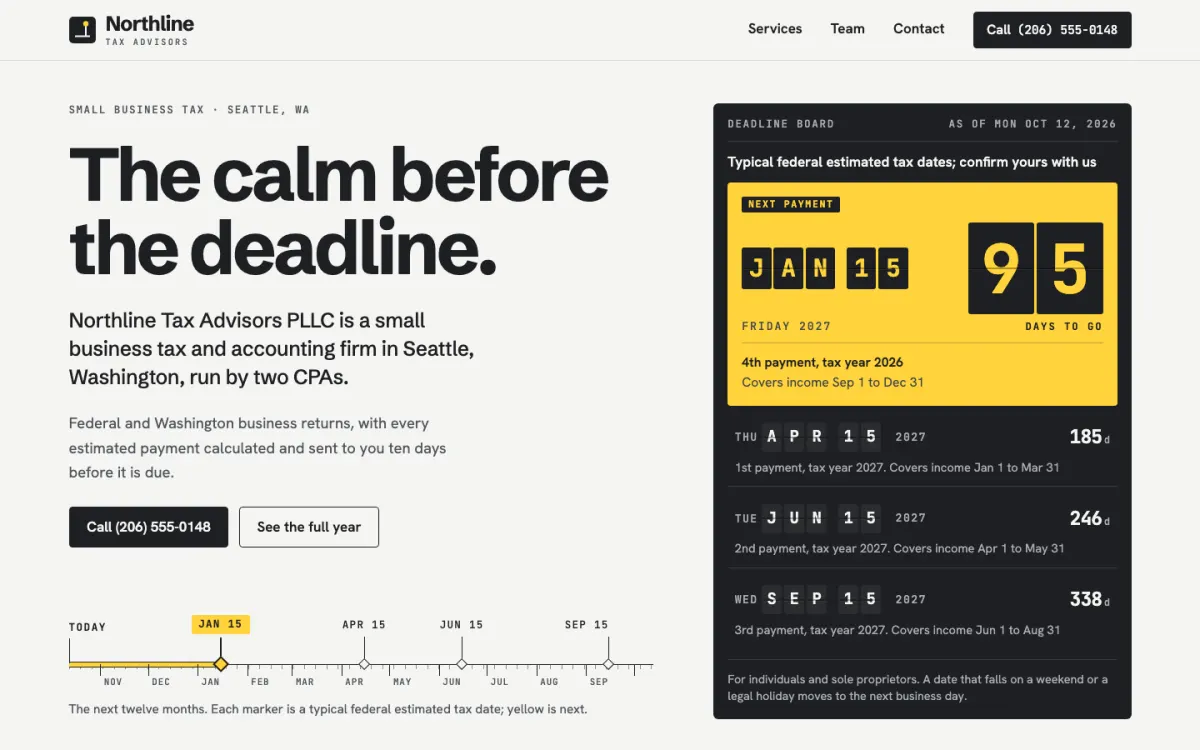 Screenshot of the concept website for Northline Tax Advisors, a fictional tax and accounting firm in Seattle.